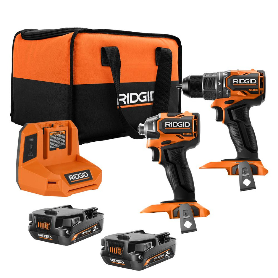 Ensemble combiné de 2 outils sans balais SubCompact NUKE 18 V de RIDGID avec perceuse-visseuse, visseuse à percussion, 2 batteries et chargeur