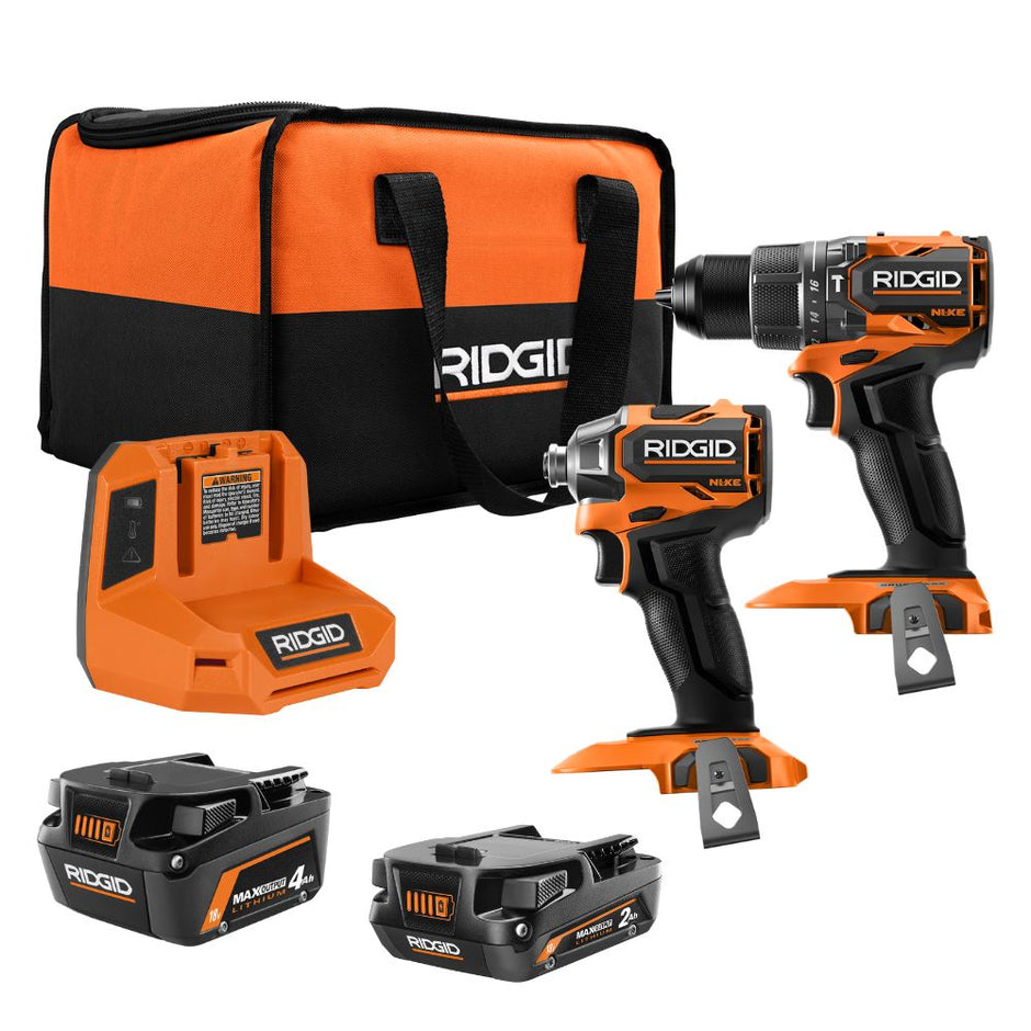 RIDGID 18V NUKE Kit combiné sans balais subcompact de 2 outils avec perceuse à percussion, visseuse à chocs à 4 modes, (2) batteries et chargeur