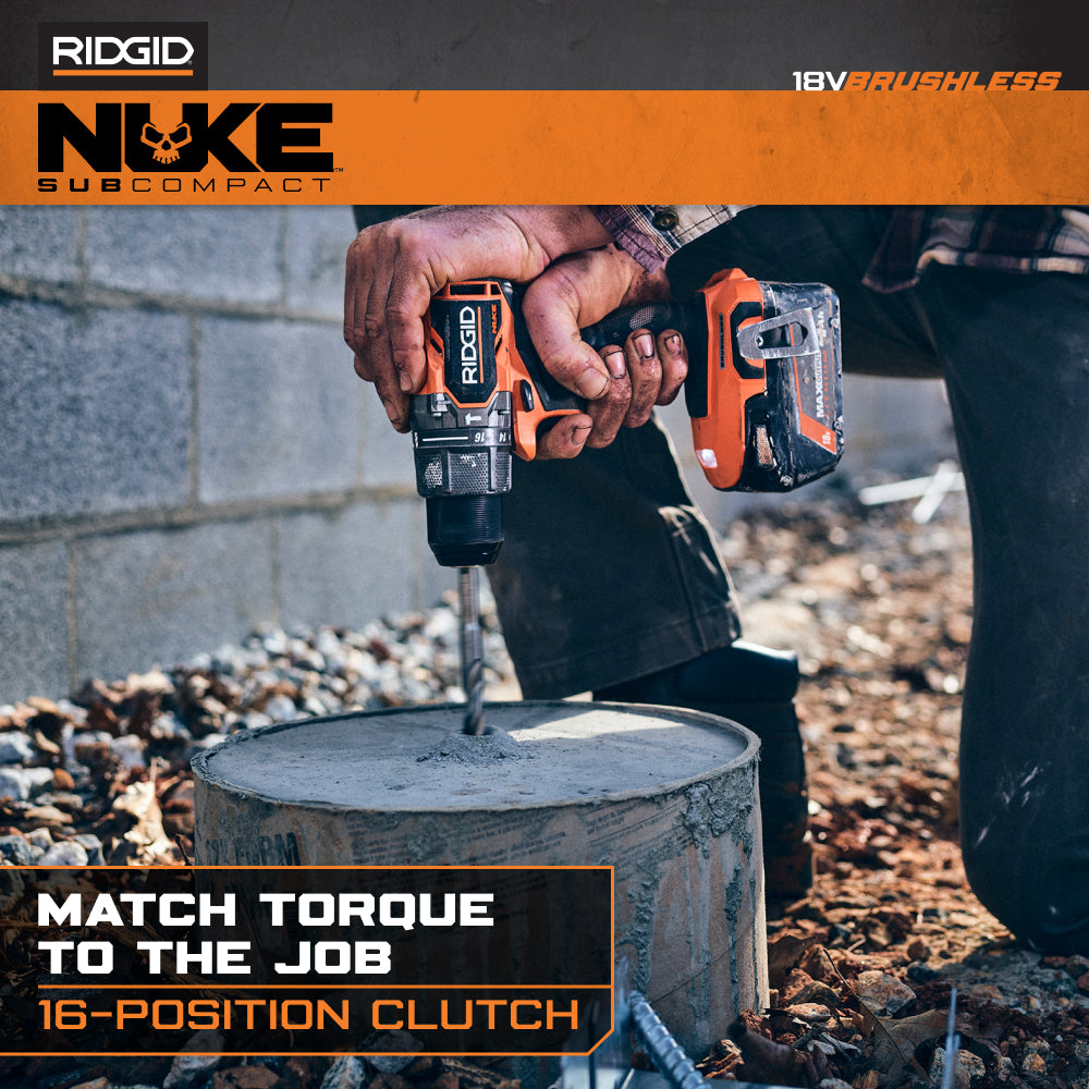 RIDGID 18V NUKE Kit combiné sans balais subcompact de 2 outils avec perceuse à percussion, visseuse à chocs à 4 modes, (2) batteries et chargeur