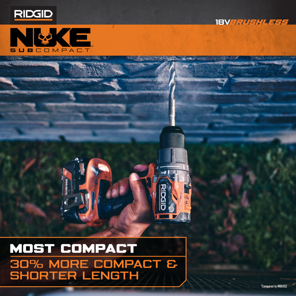 RIDGID 18V NUKE Kit combiné sans balais subcompact de 2 outils avec perceuse à percussion, visseuse à chocs à 4 modes, (2) batteries et chargeur