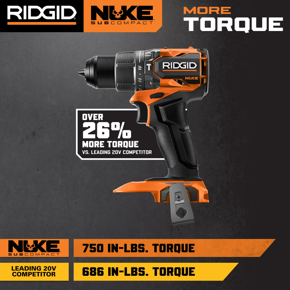 RIDGID 18V NUKE Kit combiné sans balais subcompact de 2 outils avec perceuse à percussion, visseuse à chocs à 4 modes, (2) batteries et chargeur