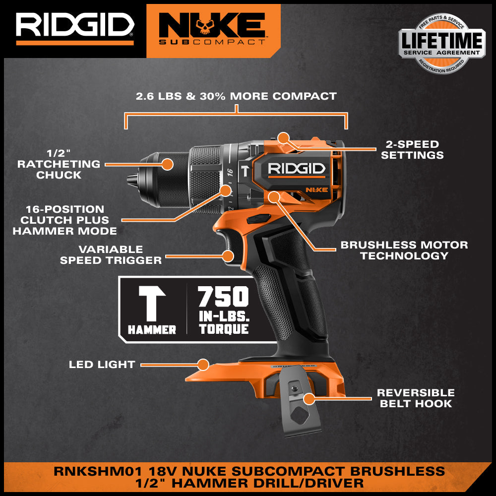 RIDGID 18V NUKE Kit combiné sans balais subcompact de 2 outils avec perceuse à percussion, visseuse à chocs à 4 modes, (2) batteries et chargeur