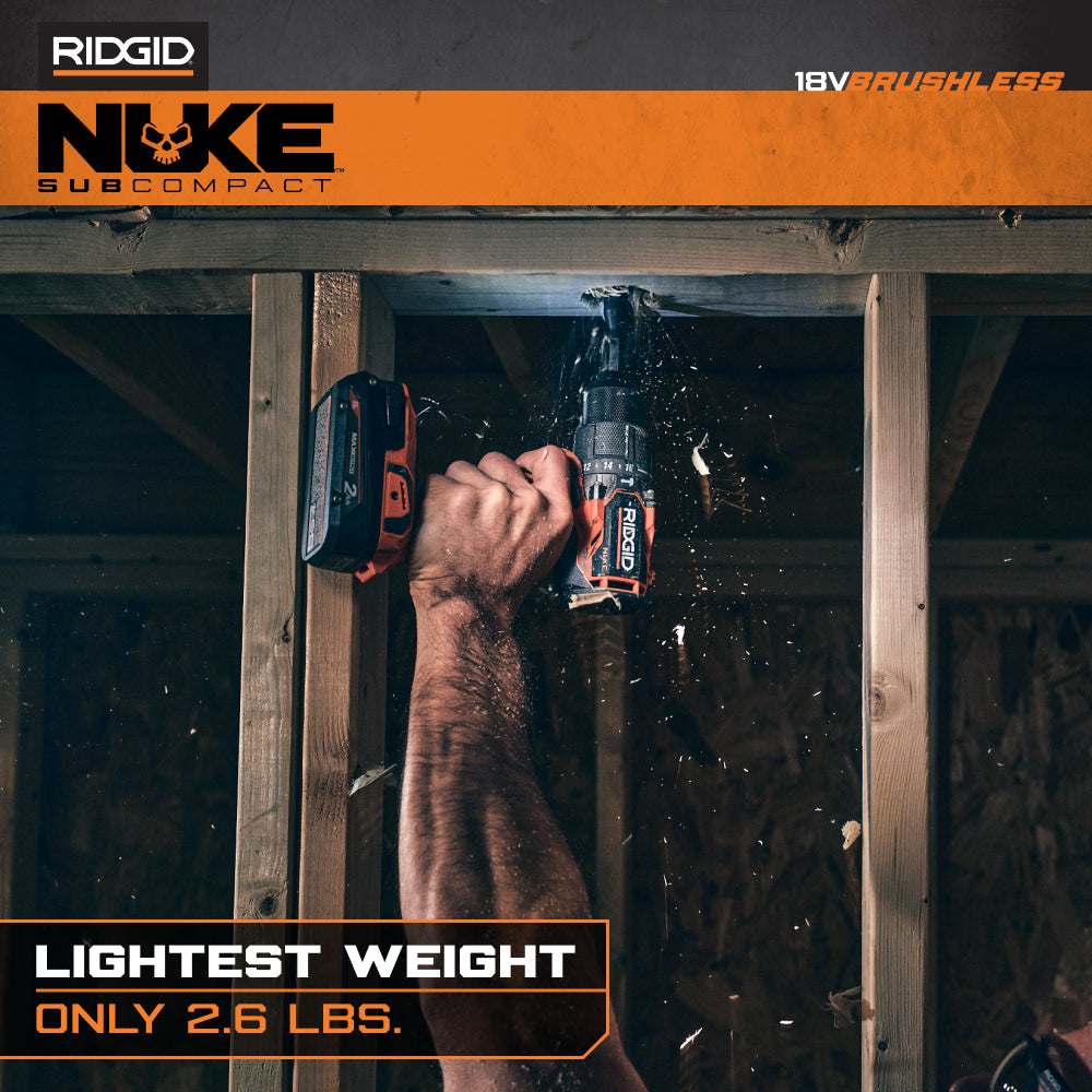 RIDGID 18V NUKE Kit combiné sans balais subcompact de 2 outils avec perceuse à percussion, visseuse à chocs à 4 modes, (2) batteries et chargeur