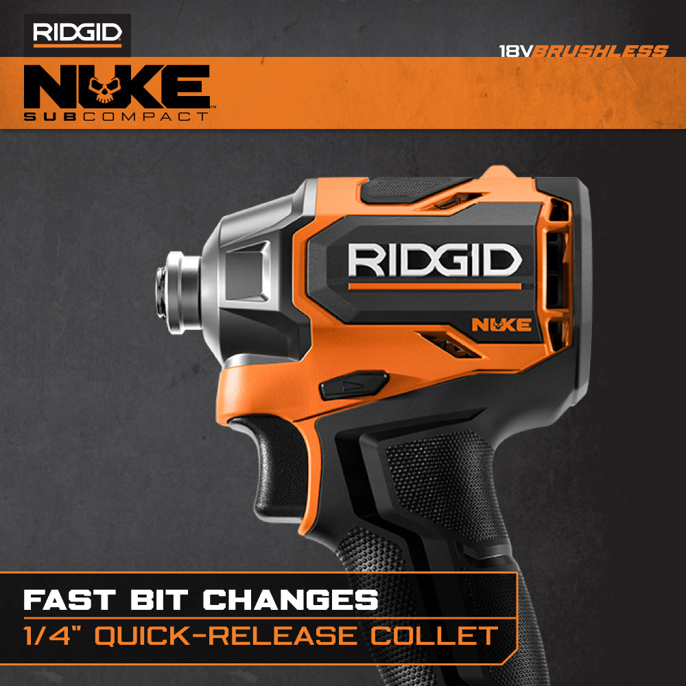 RIDGID 18V NUKE Kit combiné sans balais subcompact de 2 outils avec perceuse à percussion, visseuse à chocs à 4 modes, (2) batteries et chargeur