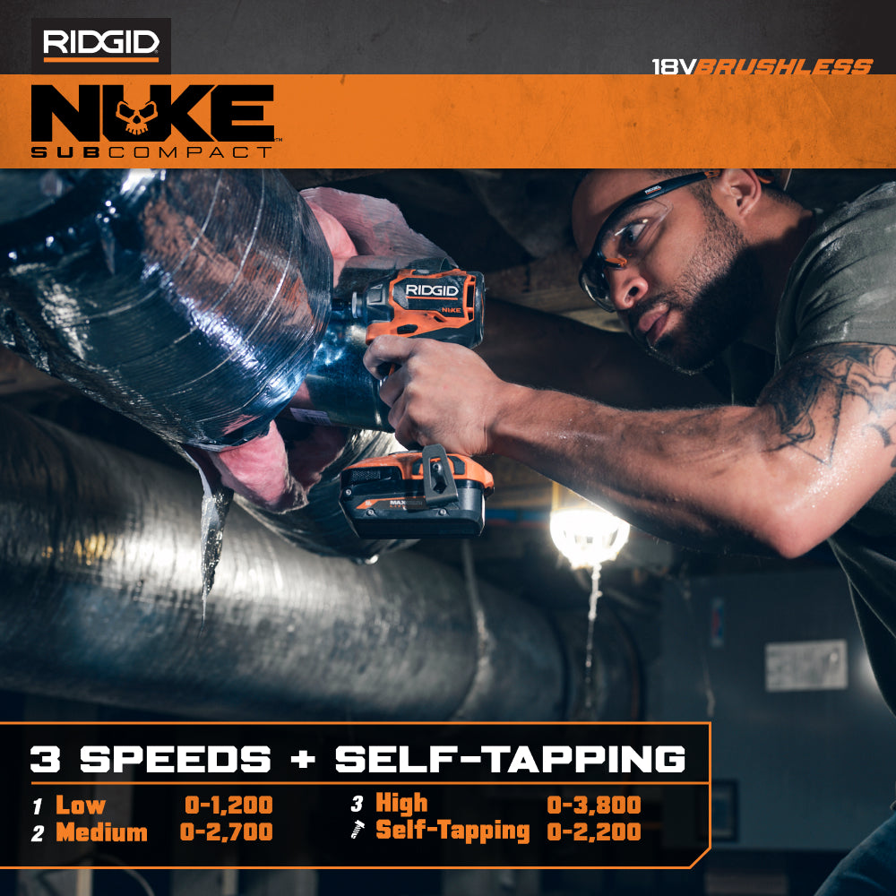 RIDGID 18V NUKE Kit combiné sans balais subcompact de 2 outils avec perceuse à percussion, visseuse à chocs à 4 modes, (2) batteries et chargeur