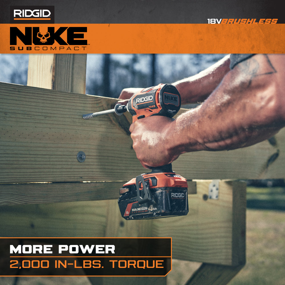 RIDGID 18V NUKE Kit combiné sans balais subcompact de 2 outils avec perceuse à percussion, visseuse à chocs à 4 modes, (2) batteries et chargeur
