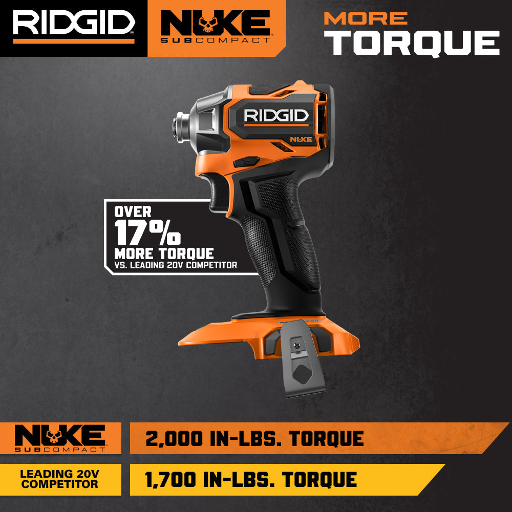 RIDGID 18V NUKE Kit combiné sans balais subcompact de 2 outils avec perceuse à percussion, visseuse à chocs à 4 modes, (2) batteries et chargeur