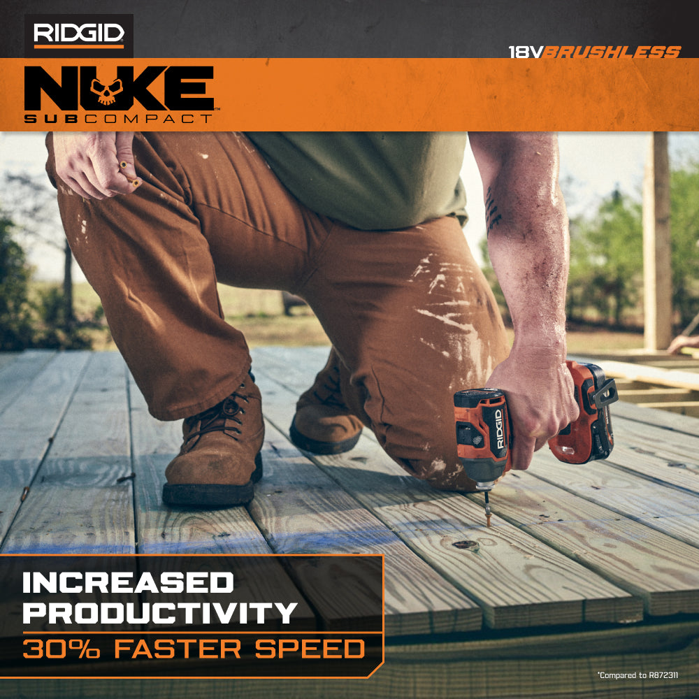 RIDGID 18V NUKE Kit combiné sans balais subcompact de 2 outils avec perceuse à percussion, visseuse à chocs à 4 modes, (2) batteries et chargeur