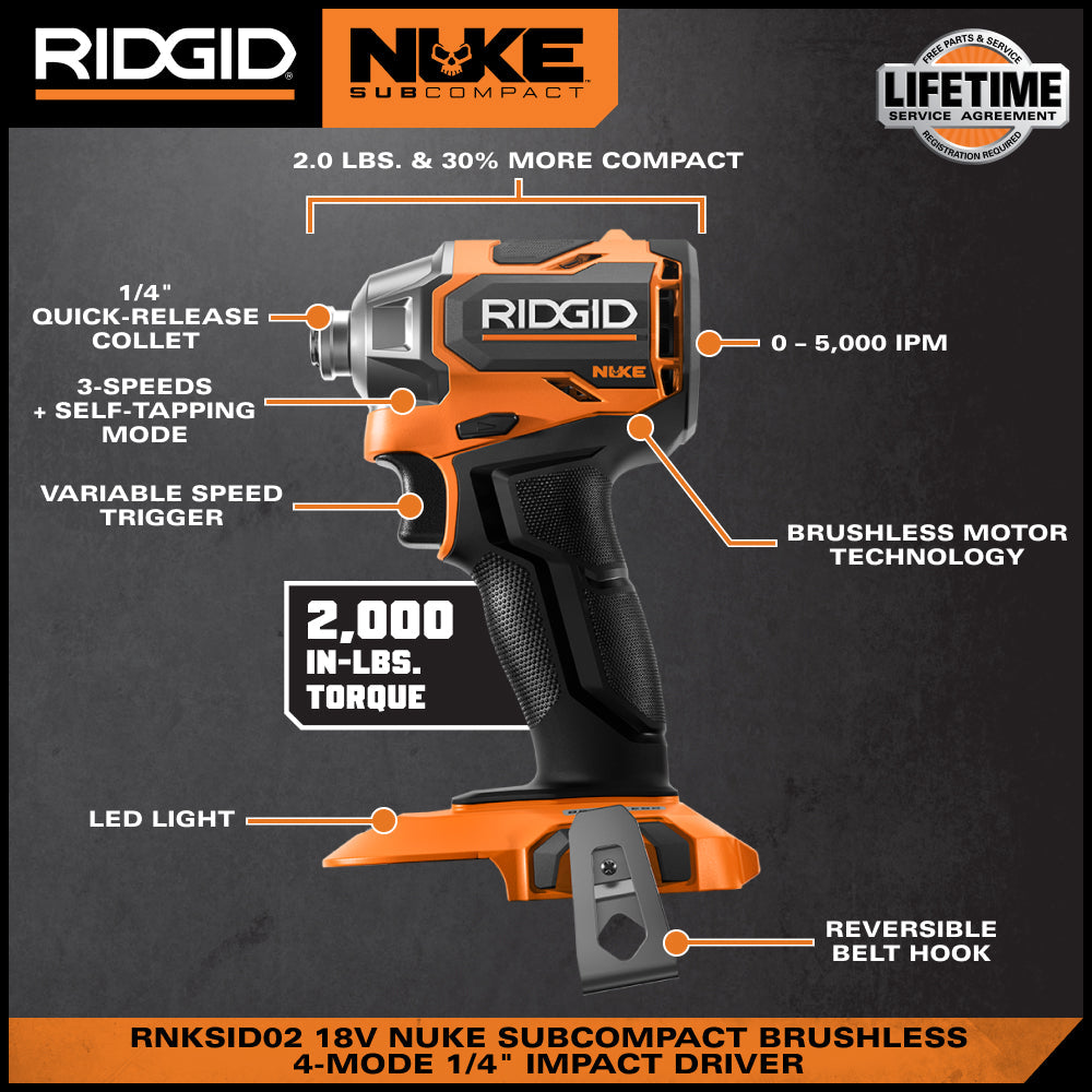 RIDGID 18V NUKE Kit combiné sans balais subcompact de 2 outils avec perceuse à percussion, visseuse à chocs à 4 modes, (2) batteries et chargeur