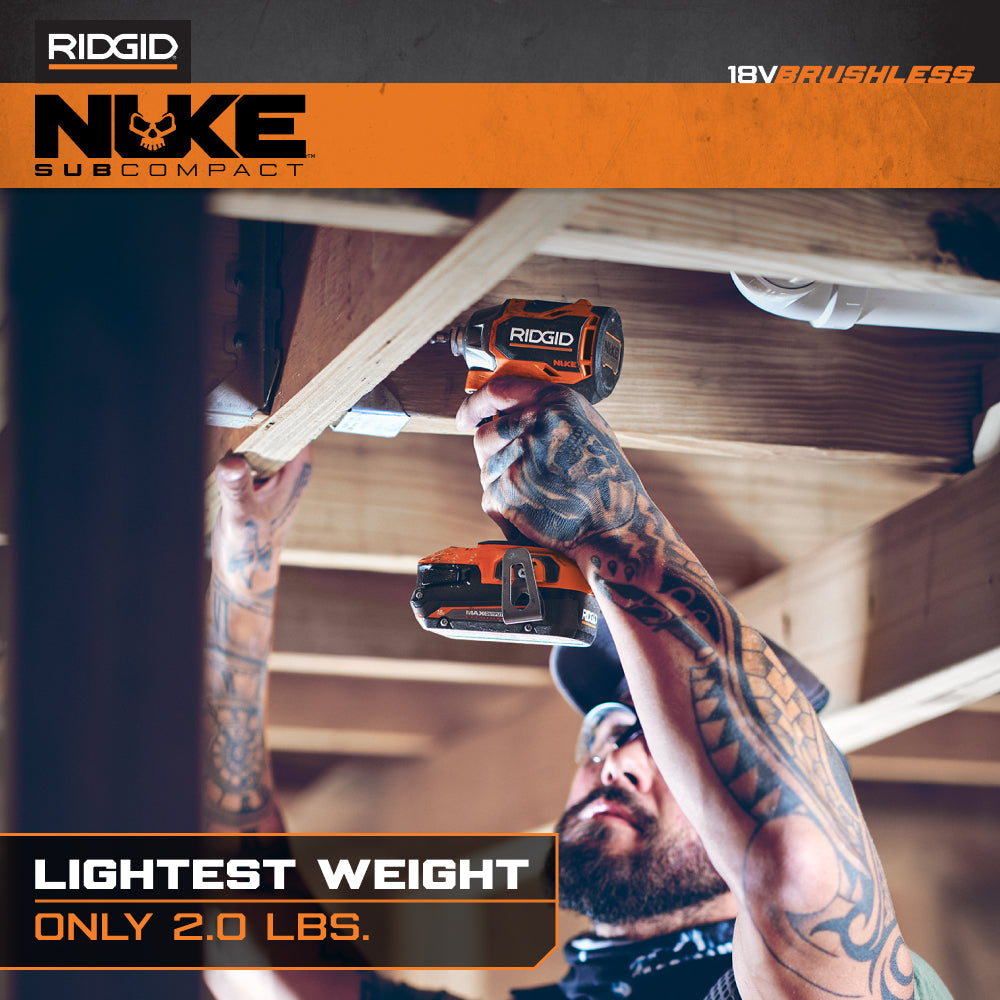 RIDGID 18V NUKE Kit combiné sans balais subcompact de 2 outils avec perceuse à percussion, visseuse à chocs à 4 modes, (2) batteries et chargeur