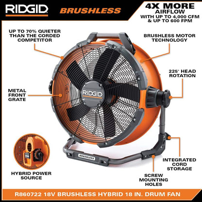 Ventilateur à tambour hybride sans balais 18 V 18 po (outil uniquement)