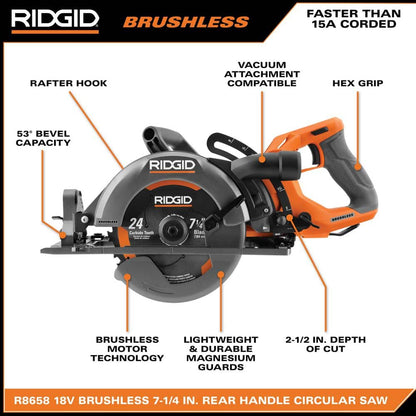 Scie circulaire sans fil 18 V à poignée arrière de 7-1/4 po avec batterie de 8,0 Ah MAX, chargeur 18 V et sacoche