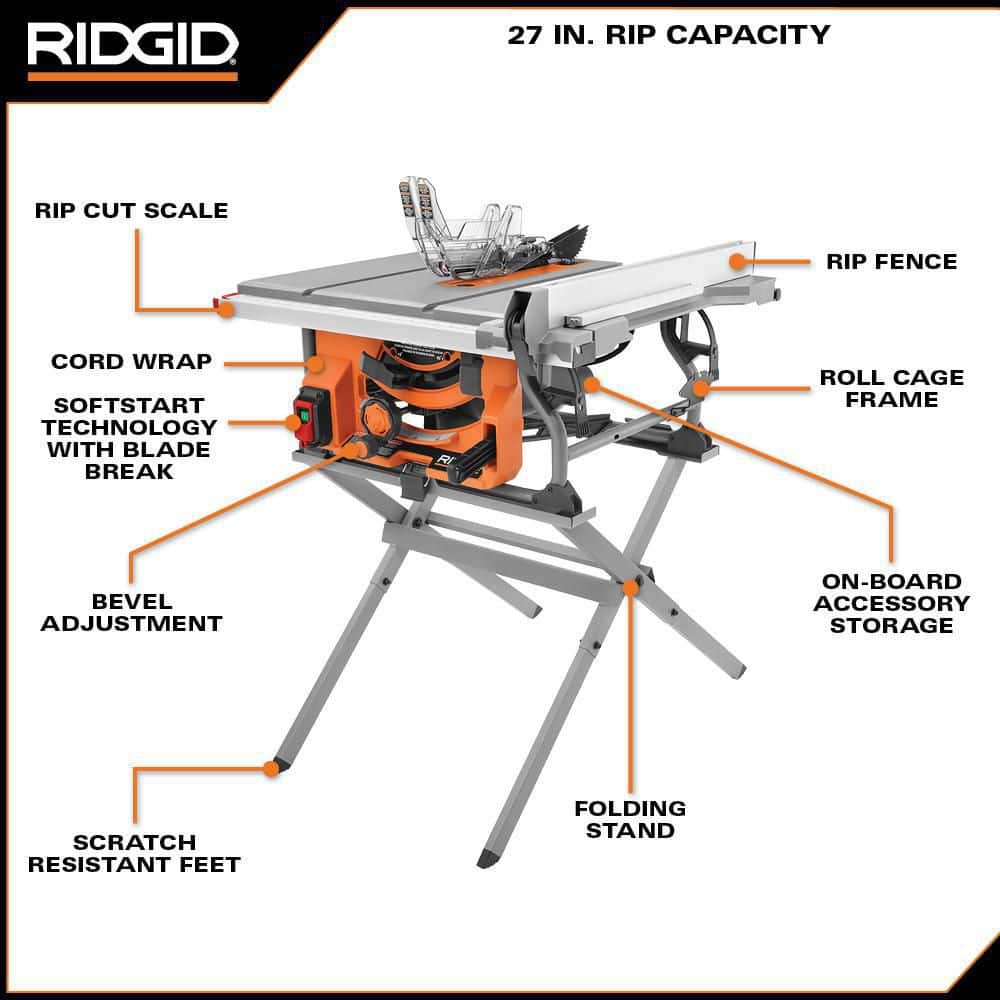 Scie à table portative filaire de chantier de 15 A et 10 po avec support pliable