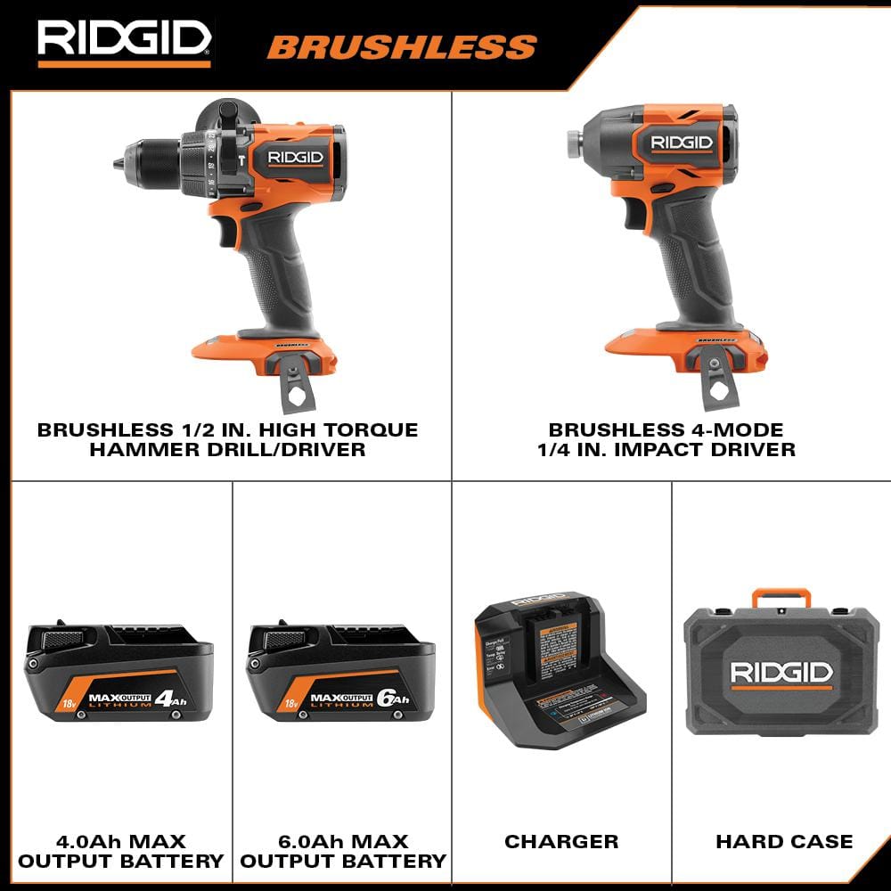 Kit combiné 2 outils sans balais 18 V avec batteries de sortie MAX de 6,0 Ah et 4,0 Ah, chargeur et étui rigide