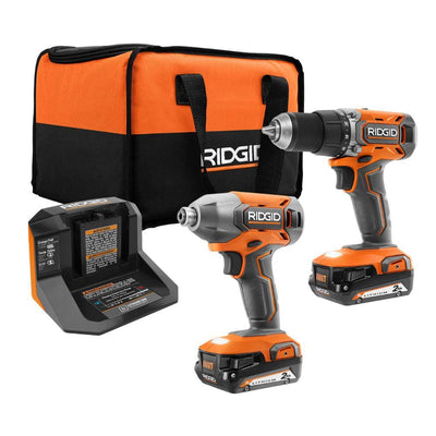 Kit combiné sans fil 18 V : perceuse-visseuse, visseuse à chocs, deux batteries de 2,0 Ah et chargeur.