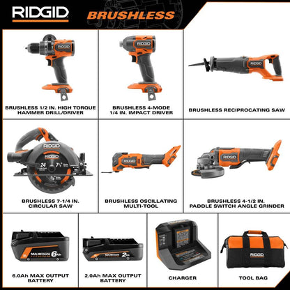 Kit combiné sans fil et sans balais 18 V, 6 outils avec batteries de sortie MAX de 6,0 Ah et 2,0 Ah et chargeur