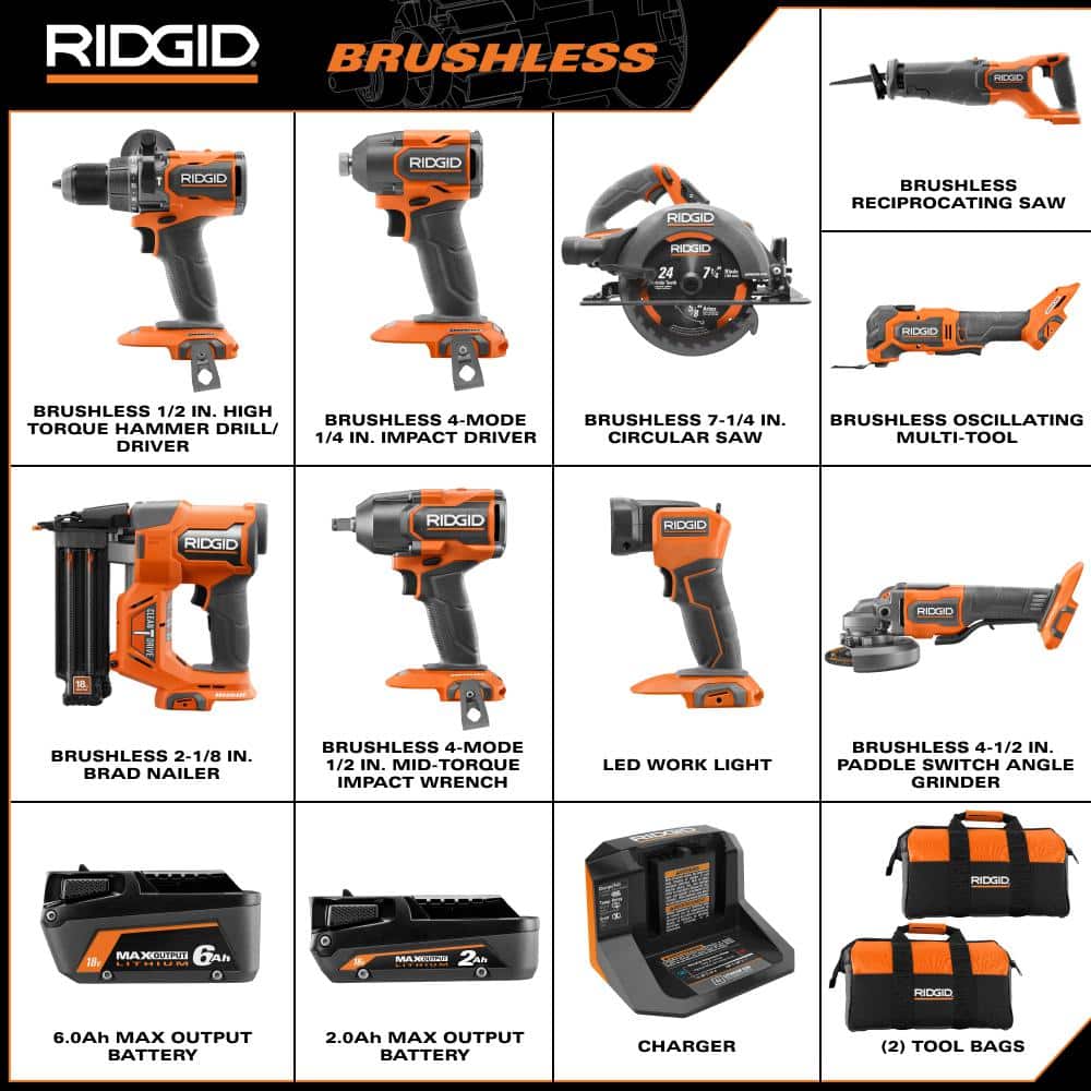 Kit combiné sans balais 18 V 9 outils avec batteries de sortie MAX de 6,0 Ah et 2,0 Ah et chargeur