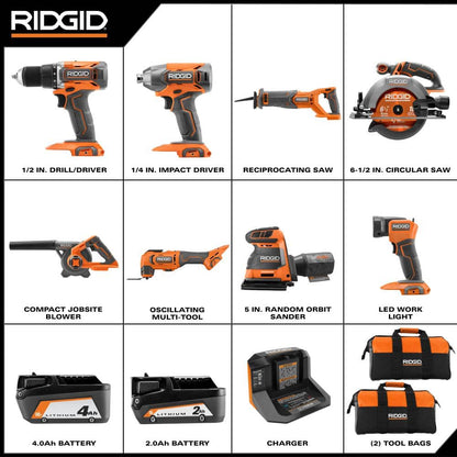 Kit combiné sans fil 18 V 8 outils avec batterie de 2,0 Ah, batterie de 4,0 Ah et chargeur