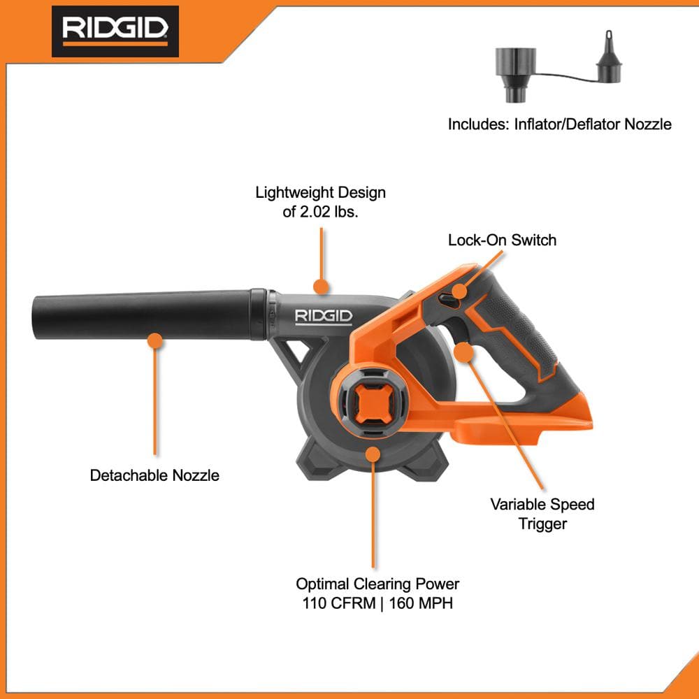 Souffleur de chantier compact sans fil au lithium-ion 18 V avec buse de gonflage/dégonflage
