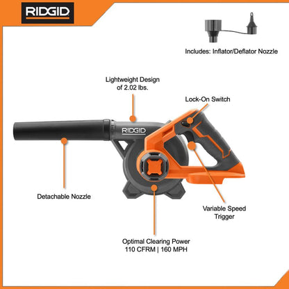 Souffleur de chantier compact sans fil au lithium-ion 18 V avec buse de gonflage/dégonflage